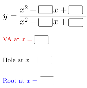 YOUR TASK: Using digits -20 to 20 NO MORE THAN ONE TIME EACH, fill in the blanks to create the graph of a rational function with true characteristics. 