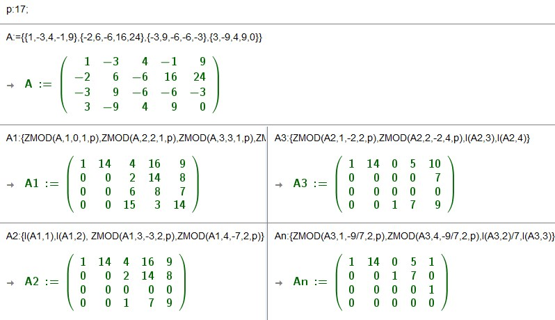 Zeilenrang der Matrix über dem endlichen Körper ℤ17