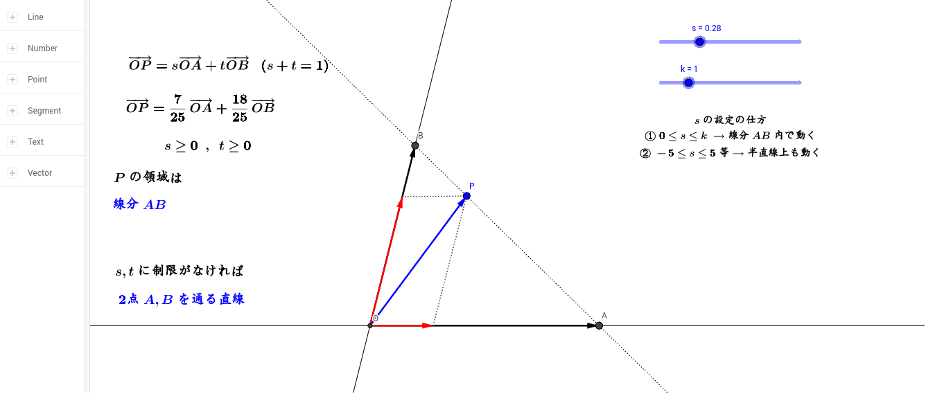 ベクトルの領域(s+t=k) – GeoGebra