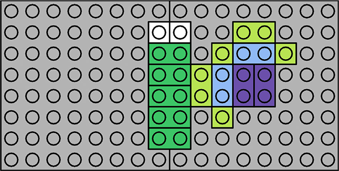 Kan du bygge resten denne sommerfugl på LEGO pladen?
Kan du finde symmetriaksen - altså den linje der deler sommerfuglen i to ens halvdele?