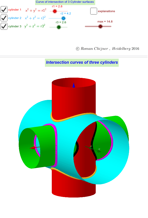 Curve of intersection of 3 Cylinder surfaces GeoGebra