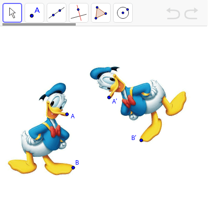 Con lo observado hasta el momento y con las herramientas que tienes disponibles, encuentra el eje de simetría que hace corresponder la figura de Pato Donald y su simétrica.