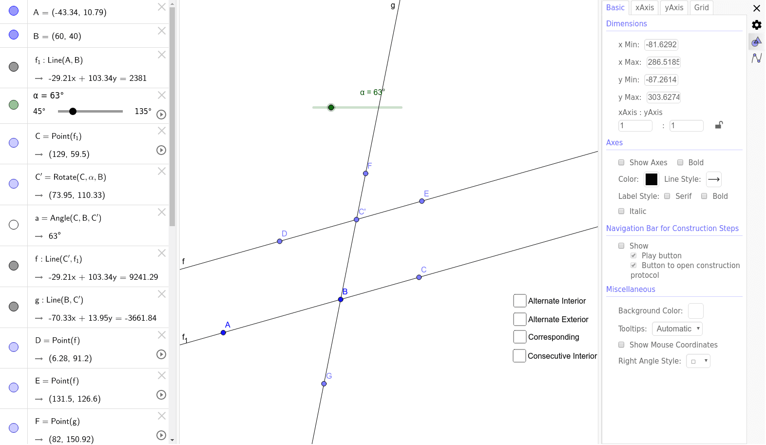Parallel Lines cut by a Transversal GeoGebra