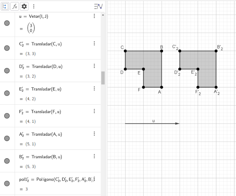Figura 6 - Translação do polígono ABCDEF no GeoGebra.