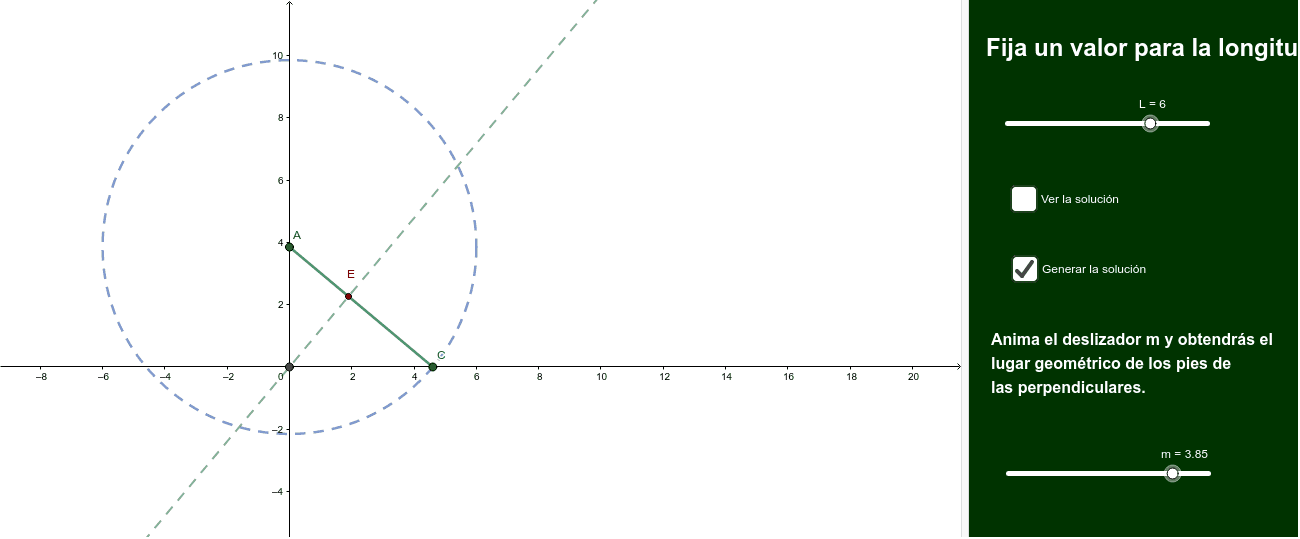 Dado un segmento de longitud fija L que se mueve con extremos en la parte positiva de los ejes, trazamos la perpendicular desde O al segmento, que lo corta en un punto. Halla el lugar geom. de esos puntos de corte.