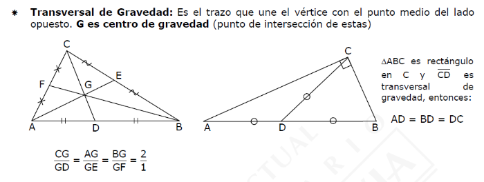 La mediana o transversal de gravedad es el segmento que une un vértice con el punto medio del lado opuesto.