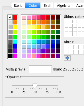 Hem definit la opacitat de les superfícies de vidre al 50% i la del aigua al 75%. Recordeu que, per a les propietats de les superfícies, hem de clicar a l'objecte [color=#ff0000][u]a la finestra algebraica.[/u][/color]