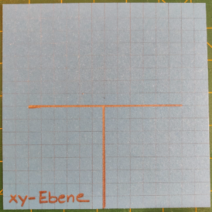 5. Zeichne auf einem Quadrat Linien wie in der Abbildung ein (2 cm werden bei der horizontalen Linie nicht angezeichnet) und schneide mit einer Schere entlang der Linien. Beschrifte das Blatt unten links mit xy - Ebene.