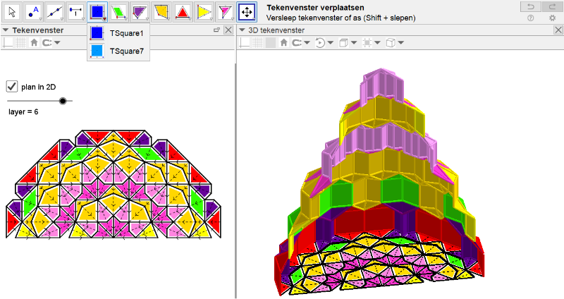 [size=100]On the left, one may configure a 2D plan of a muqarnas. On the right, one may assemble the muqarnas in 3D. Creation has been simplified by macro's: select a macro button, click at the right position, and a building unit appears at that position.
A slider supports the visualization of individual layers.[/size]