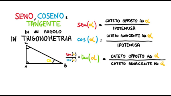 Il seno e il coseno (e la tangente) sono funzioni che associano a un angolo un valore numerico. Si definiscono in un triangolo rettangolo con le formule seguenti: