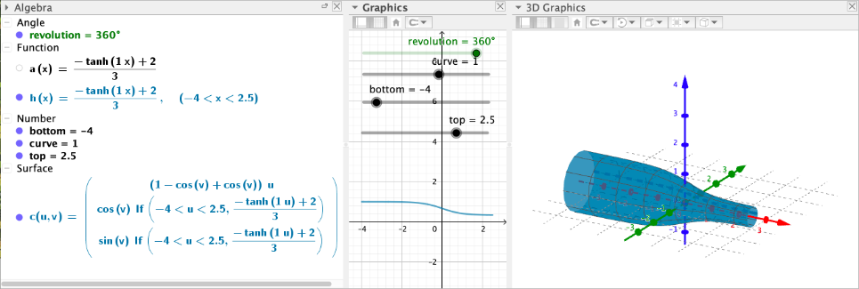 Input Code, 2D Curve Segment (with Sliders) and 3D Rendering of Revolution around x-Axis