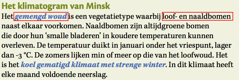 5. We lezen de uitleg over het klimaat van Minsk in de groene kader en bekijken de foto van de vegetatie.  Wat in het rood omkaderd is, moet je kennen! 