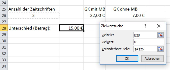 Lösen des Gleichungssystems mit Zielwertsuche