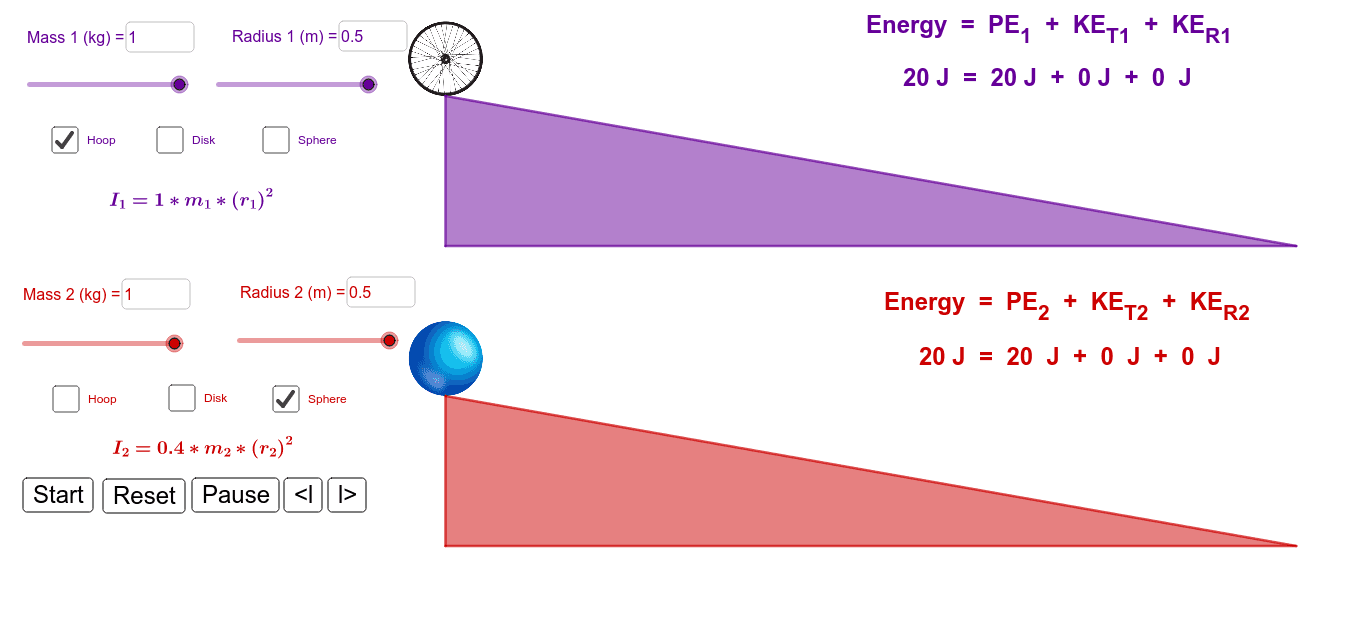 Energy in Objects Rolling Down a Ramp GeoGebra