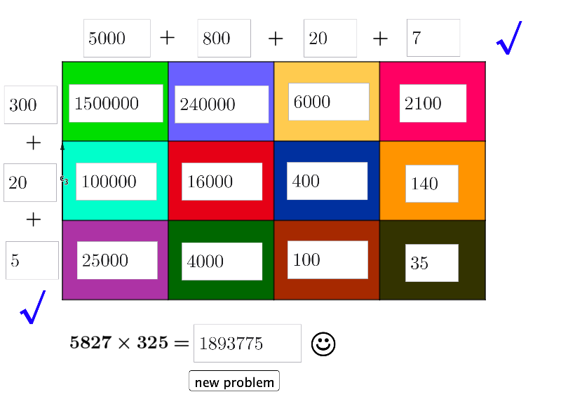 To evaluate 5827 x 325, note how (in the pic) we decomposed 5,827 as "5000 + 800 + 20 + 7" in the top row. Then we decomposed 325 as "300 + 20 + 5" on the left side. We then filled in the areas and then added these areas to get the final product!
