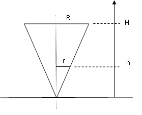  [math]  \frac{R}{H}=\frac{r}{h}\;\Leftrightarrow\; r=\frac{Rh}{H}[/math]
