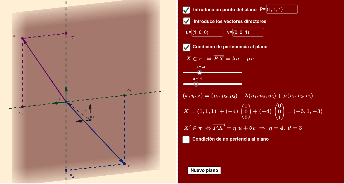 Un punto X es del plano si PX es comb. lineal de u, v. Dados λ, μ, λu+μv nos determina un punto del plano. Recíprocamente puedes mover por el plano X'. Recíprocamente puedes mover por el plano X'. A cada X' le corresponde un par (η,θ) con PX'=ηu+θv.