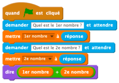 [b]Remarque importante[/b] Pour obtenir les instructions "mettre 1er nombre à réponse" et "mettre 2e nombre à réponse", 
il faut d'abord aller dans [b]"Données" > "Créer une variable"[/b], puis : 
[list][*]créer une variable [b][u]1er nombre[/u][/b] (pour tous les lutins) ;
[/*][*]créer une variable [u][b]2e nombre[/b][/u] (pour tous les lutins).
[/*][/list]