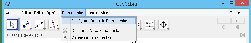 Existe a possibilidade de ocultar alguns elementos da barra de ferramentas. Para isso, basta selecionar a opção Configurar Barra de Ferramentas no menu Ferramentas.