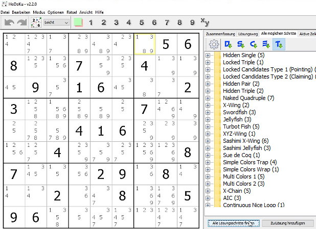 HoDoKo at work showing strategic steps to  solve the Sudoku by logical reasoning