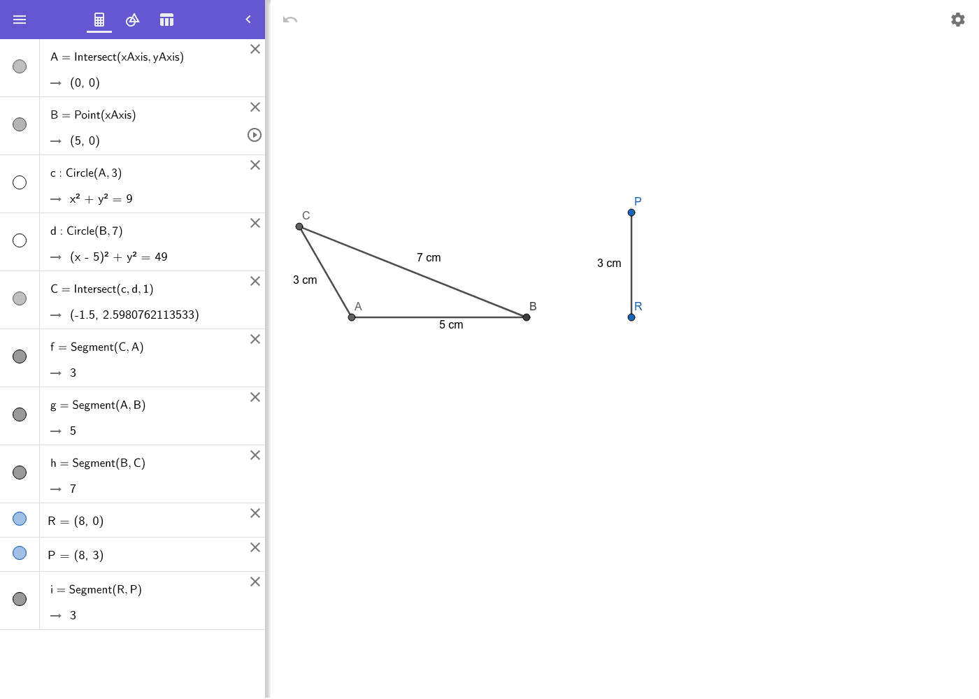 Construeer een punt Q zodat de driehoek PQR congruent is met de driehoek ABC.  Klik op Enter om de activiteit te starten