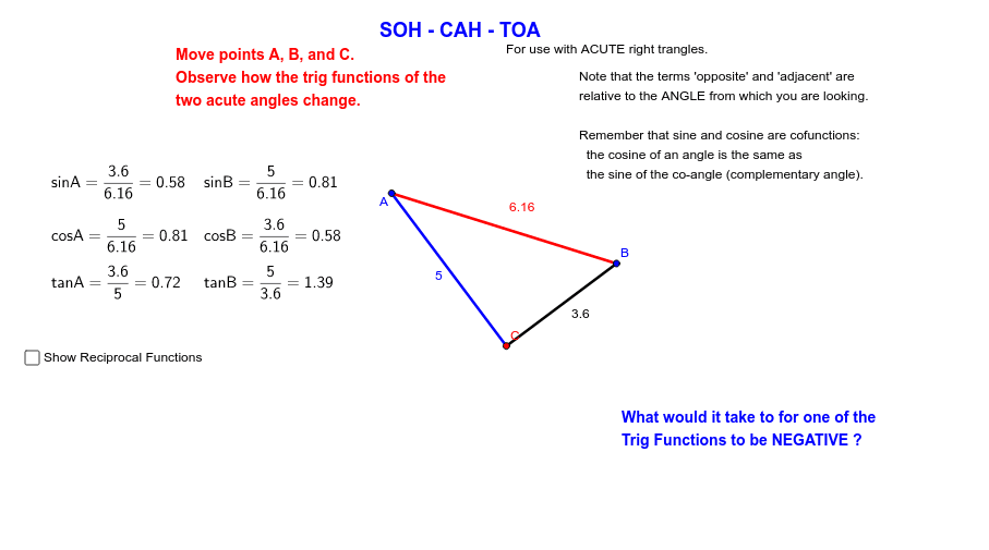 Explore the Basic Trig Functions of a Right Triangle – GeoGebra