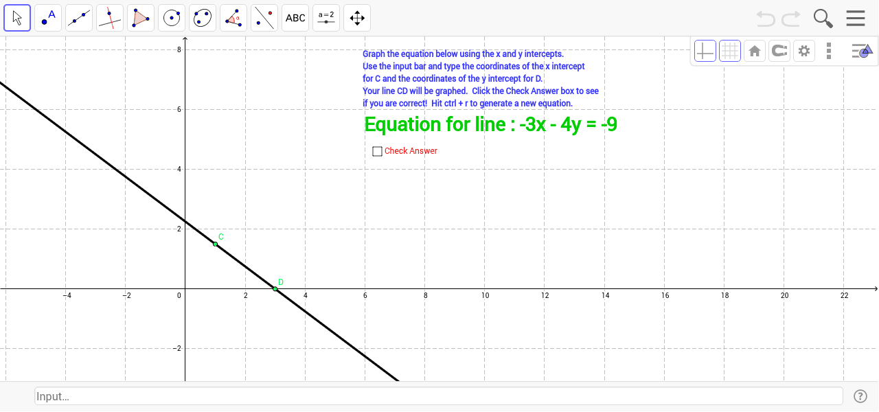 Graph an equation for a line using x and y intercepts – GeoGebra