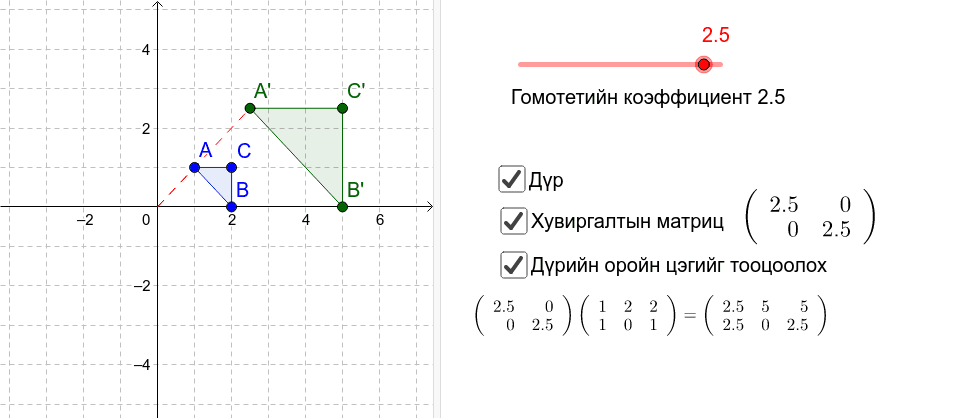 Гомотет хувиргалтын матриц – GeoGebra