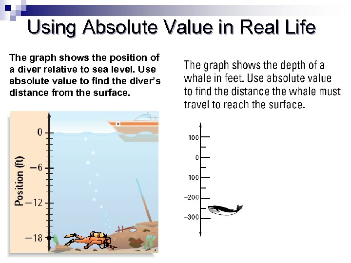 [b][color=#0000ff][size=200]Using Absolute Value in Real Life The graph shows the position of a diver relative to sea level. Use absolute value to find the diver’s distance from the surface.  
[/size][/color][/b][color=#980000][b][size=200]Thinking Flexibly &
Questioning and Problem Solving [/size][/b][/color]