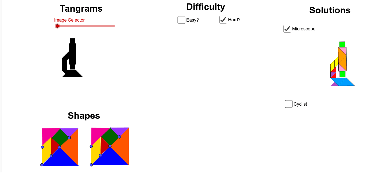 Pick a difficulty, Use the slider to select the image, Use the shapes at the bottom of the page to create your image, Select the name of your image for a solution, REPEAT. See rules below.