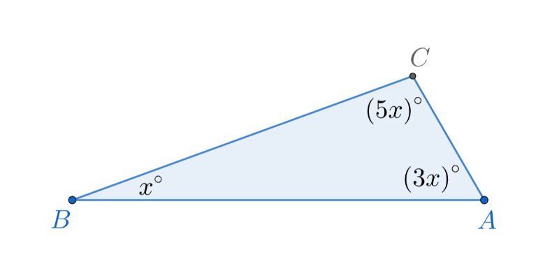 Copy this diagram onto your vertical surface.  Then determine the value of x and find the measure of this triangle's 3 interior angles. 