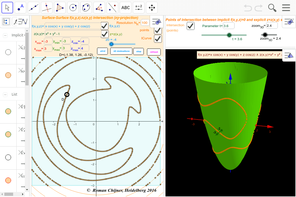 Points Of Intersection Between Implicit F X Y Z 0 And Explicit Z Z X Y Surfaces Geogebra