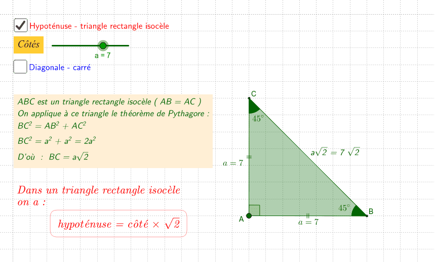 Calculer Les Cotés D'un Triangle Rectangle Avec L'hypoténuse Hypoténuse-Triangle rectangle isocèle – GeoGebra
