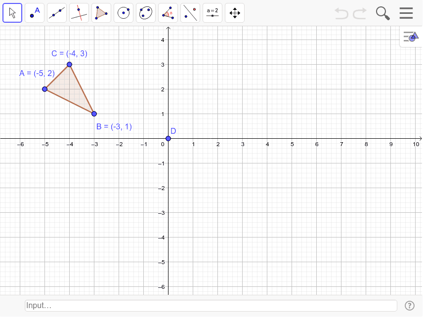 Rotate the given triangle 180 degrees counterclockwise around the origin D.