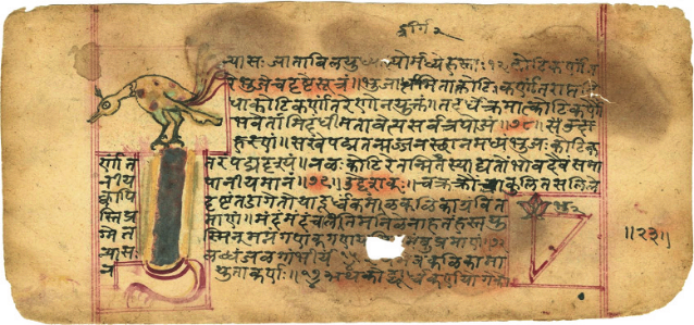 Extrait du manuscrit Lilavati, d’après le nom de la fille de Bhaskara II, illustrant le théorème de Pythagore.