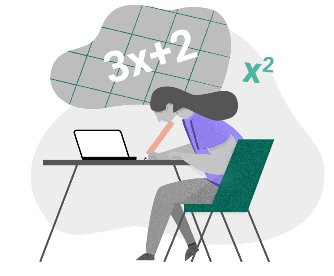 person with long dark hair sit at a table working at a laptop. 3x+2 and x² equations float in the air signifying that she is working on math problems