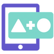 icon showing a tablet with a triangle, plus and circle floating in front